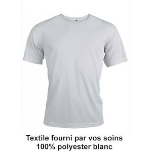 Impression directe quadri sur maillot blanc 100% polyester fourni pas vos soins. INFORMATIONS OBLIGATOIRES à nous fournir avant livraison de vos textiles : Nombre de pièce par taille et référence - Nom de l'expéditeur - Jour de livraison programmé - ... 